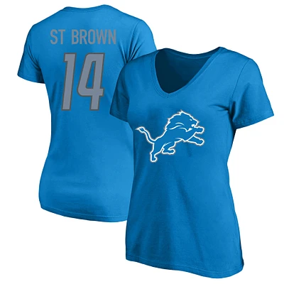 Women's Amon-Ra St. Brown Blue Detroit Lions Plus Fair Catch Name & Number V-Neck T-Shirt