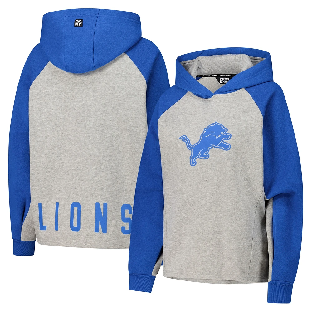 Sweat à capuche court raglan DKNY Sport gris/bleu pour femme Detroit Lions Joy