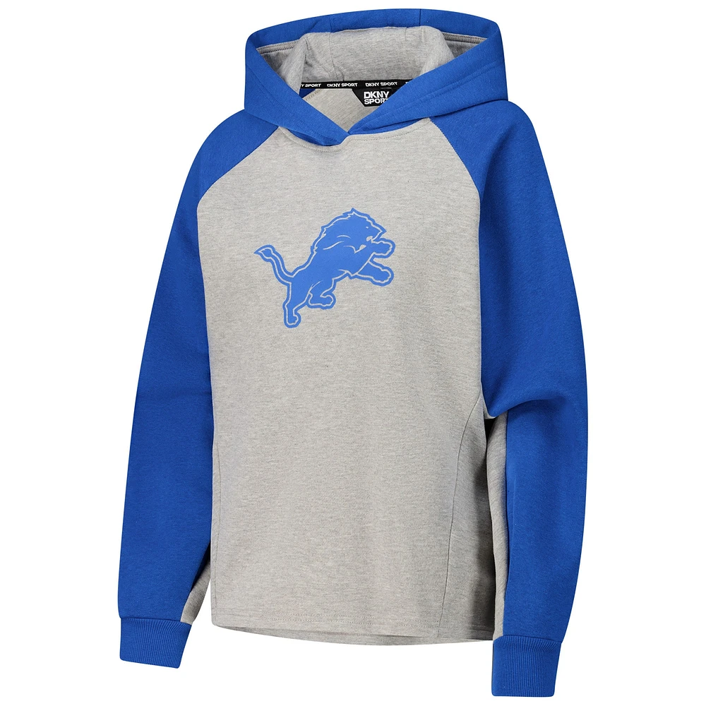 Sweat à capuche court raglan DKNY Sport gris/bleu pour femme Detroit Lions Joy