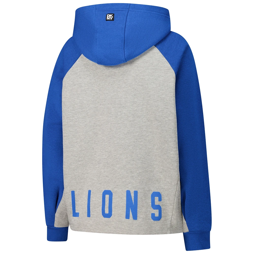 Sweat à capuche court raglan DKNY Sport gris/bleu pour femme Detroit Lions Joy