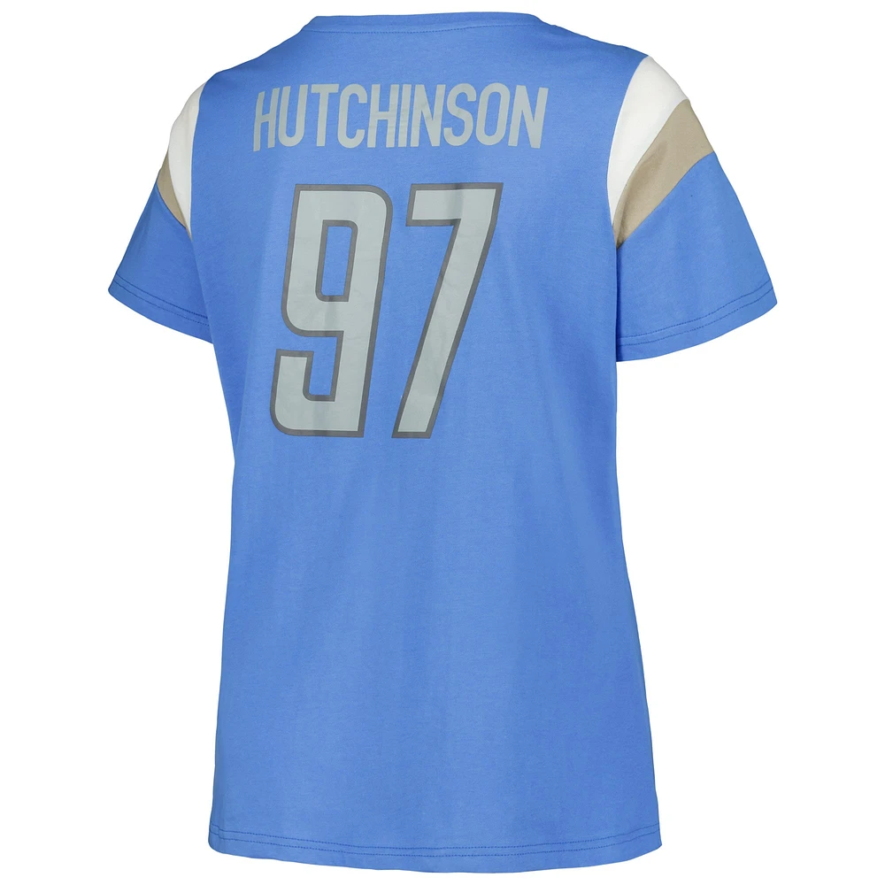 Women's Fanatics Aidan Hutchinson Blue Detroit Lions Plus Sleeve Stripe Name & Number T-Shirt