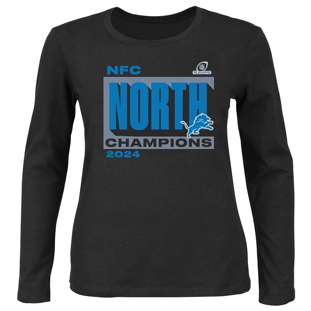 T-shirt à manches longues et col rond pour femme Fanatics Black Detroit Lions 2024 NFC North Division Champions grande taille