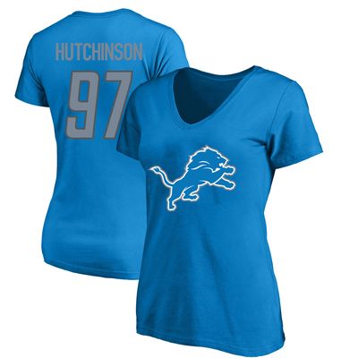 Women's Fanatics Branded Aidan Hutchinson Blue Detroit Lions Plus Player Name & Number V-Neck T-Shirt