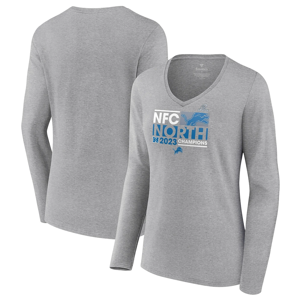 T-shirt à manches longues et col en V Fanatics pour femmes, gris, Detroit Lions 2023 NFC North Division Champions Conquer