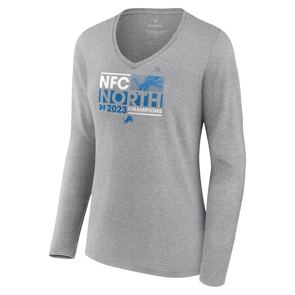 T-shirt à manches longues et col en V Fanatics pour femmes, gris, Detroit Lions 2023 NFC North Division Champions Conquer