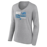 T-shirt à manches longues et col en V Fanatics pour femmes, gris, Detroit Lions 2023 NFC North Division Champions Conquer