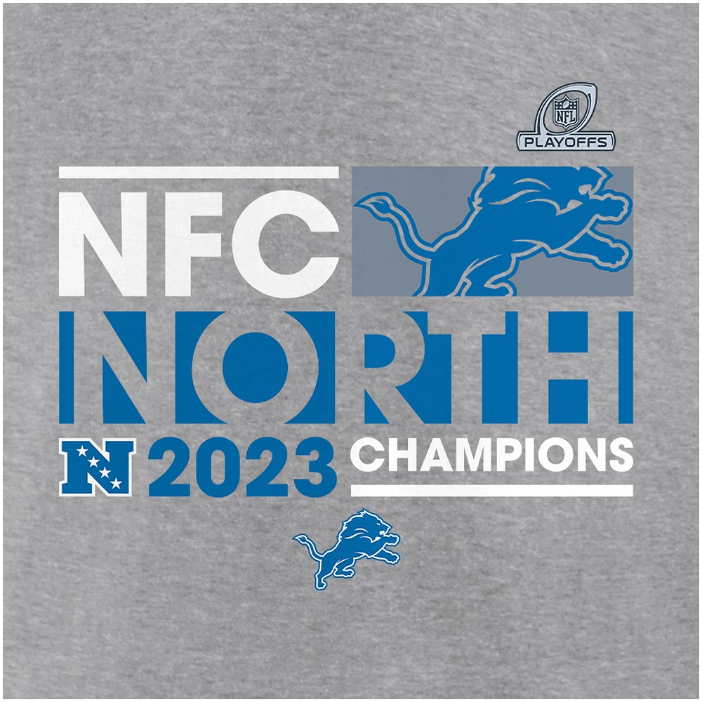 T-shirt à manches longues et col en V Fanatics pour femmes, gris, Detroit Lions 2023 NFC North Division Champions Conquer