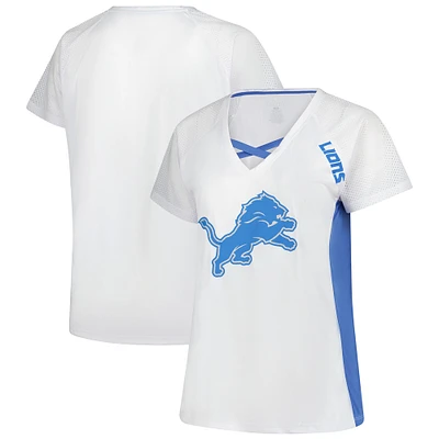 T-shirt à lacets et col en V paillettes pour femmes Fanatics White Detroit Lions grande taille