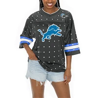 T-shirt à col en V jersey rayures sportives et strass pour femme Gameday Couture Anthracite Detroit Lions Kickoff Time