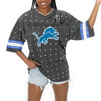 T-shirt à col en V jersey rayures sportives et strass pour femme Gameday Couture Anthracite Detroit Lions Kickoff Time