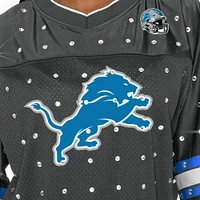 T-shirt à col en V jersey rayures sportives et strass pour femme Gameday Couture Anthracite Detroit Lions Kickoff Time