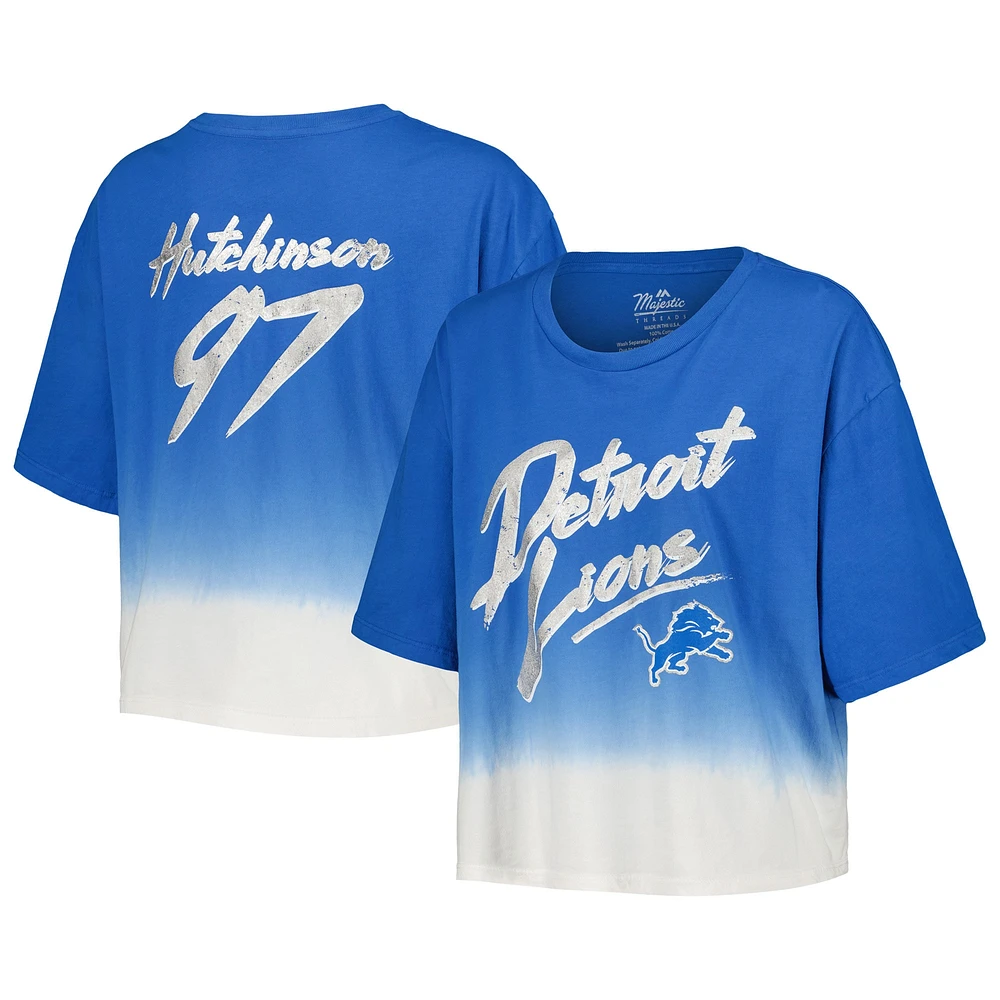 Women's Majestic Threads Aidan Hutchinson Blue/White Detroit Lions Dip-Dye Player Name & Number Crop Top