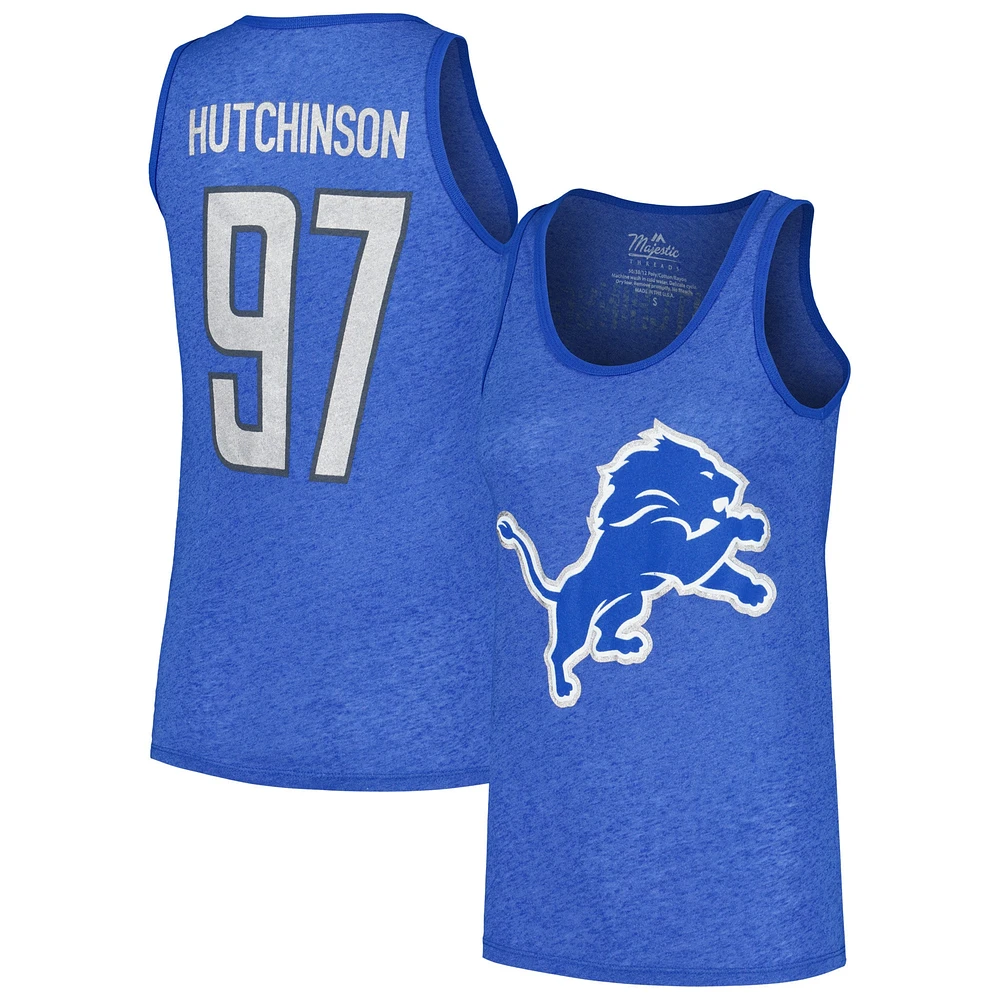 Débardeur à trois mélanges Majestic Threads Aidan Hutchinson Heather Blue Detroit Lions pour femmes