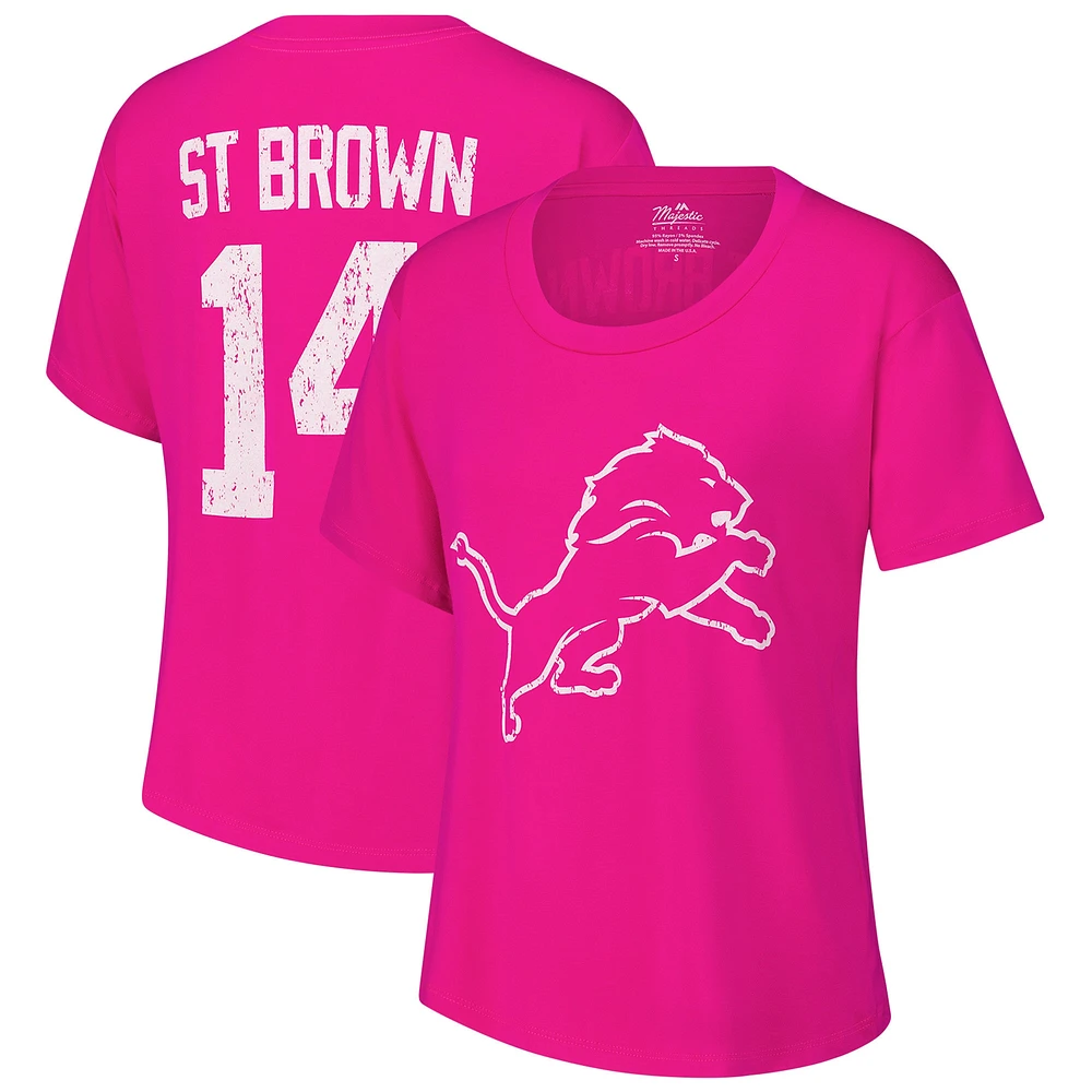 T-shirt Majestic Threads pour femme avec nom et numéro Amon-Ra St. Brown Pink Detroit Lions