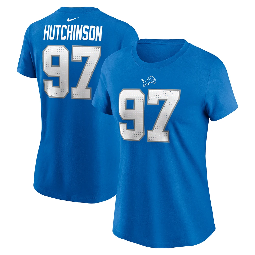 T-shirt Nike Aidan Hutchinson pour femme, bleu, nom et numéro du joueur des Detroit Lions