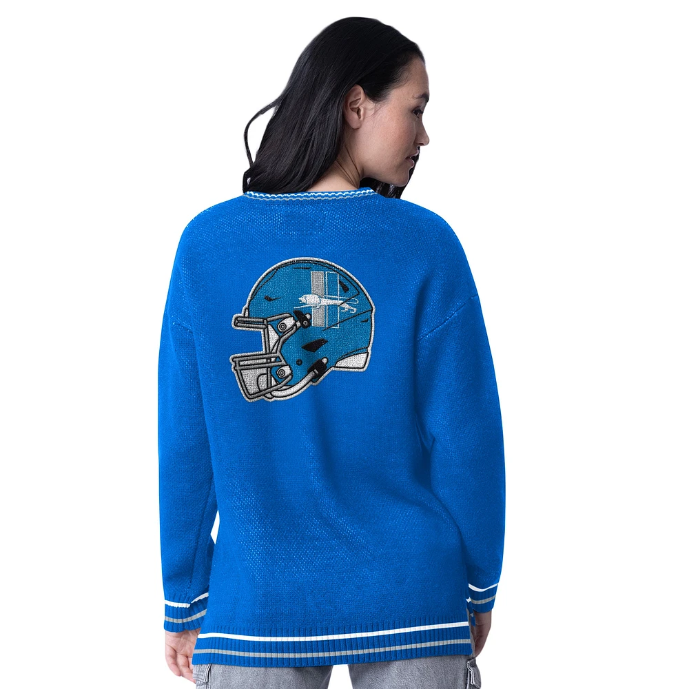 Women's Starter Blue Detroit Lions Oversized On the Ball Intarsia Knit Pullover Sweater