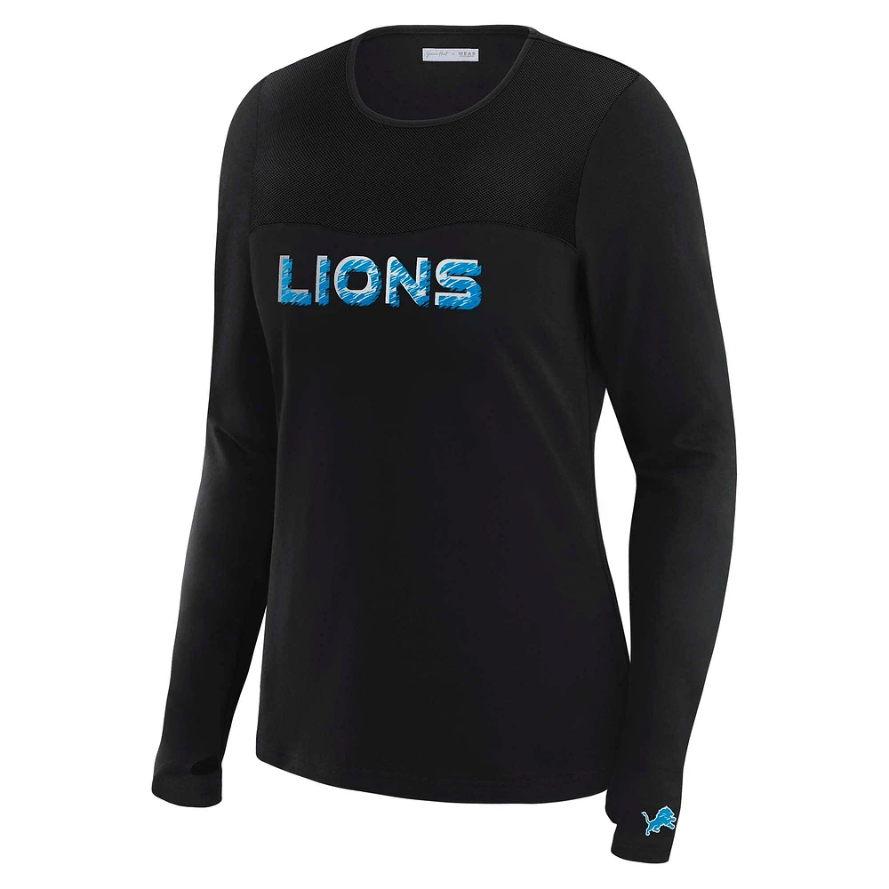 Women's WEAR by Erin Andrews x Gracie Hunt Black Detroit Lions Mesh Panel Long Sleeve T-Shirt