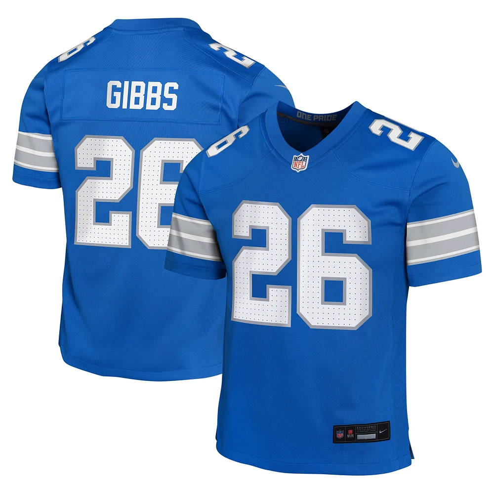 Maillot de jeu Nike Jahmyr Gibbs bleu pour jeunes joueurs l'équipe Detroit Lions