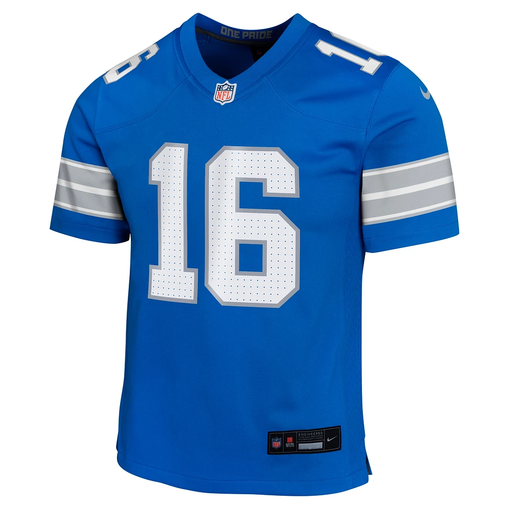 Maillot de jeu joueur l'équipe Nike Jared Goff des Detroit Lions, bleu, pour jeune