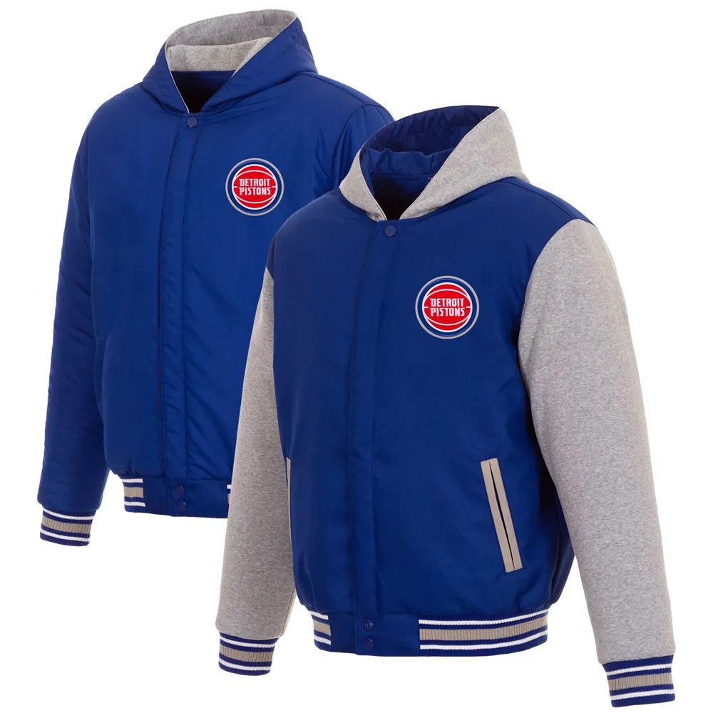 Detroit Pistons JH Design Reversible Poly-Twill Hooded Jacket with Fleece Sleeves - Royal/Gray