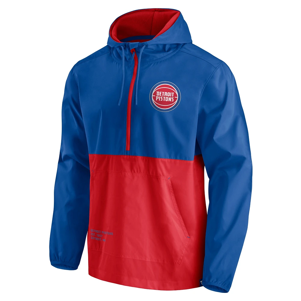 Men's Fanatics Blue/Red Detroit Pistons Anorak Block Party Windbreaker Half-Zip Hoodie Jacket