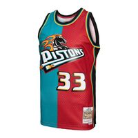 Men's Mitchell & Ness Grant Hill Teal/Red Detroit Pistons Hardwood Classics 1999/00 Split Swingman Jersey Size: Small