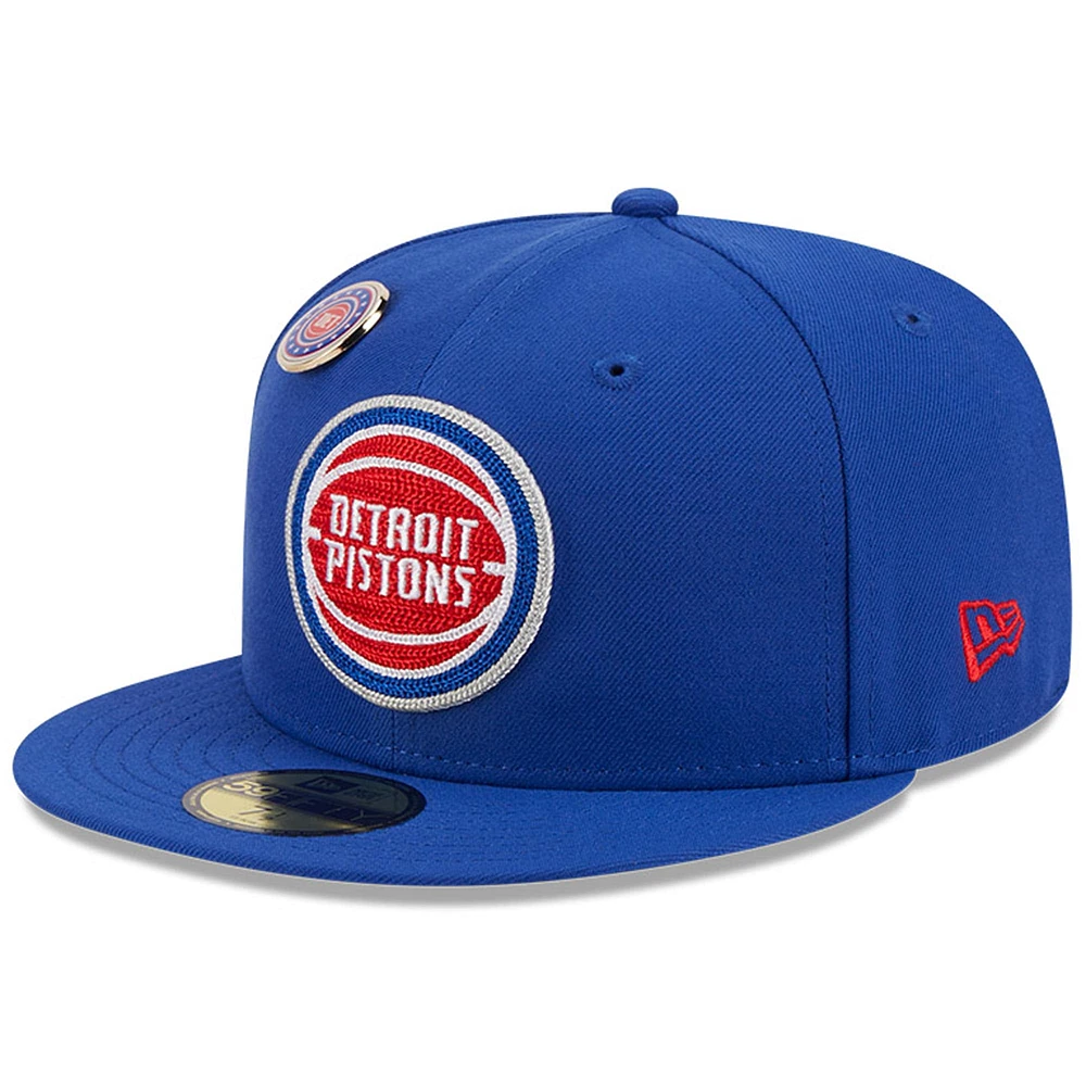 Men's New Era Blue Detroit Pistons Chainstitch Logo Pin 59FIFTY Fitted Hat