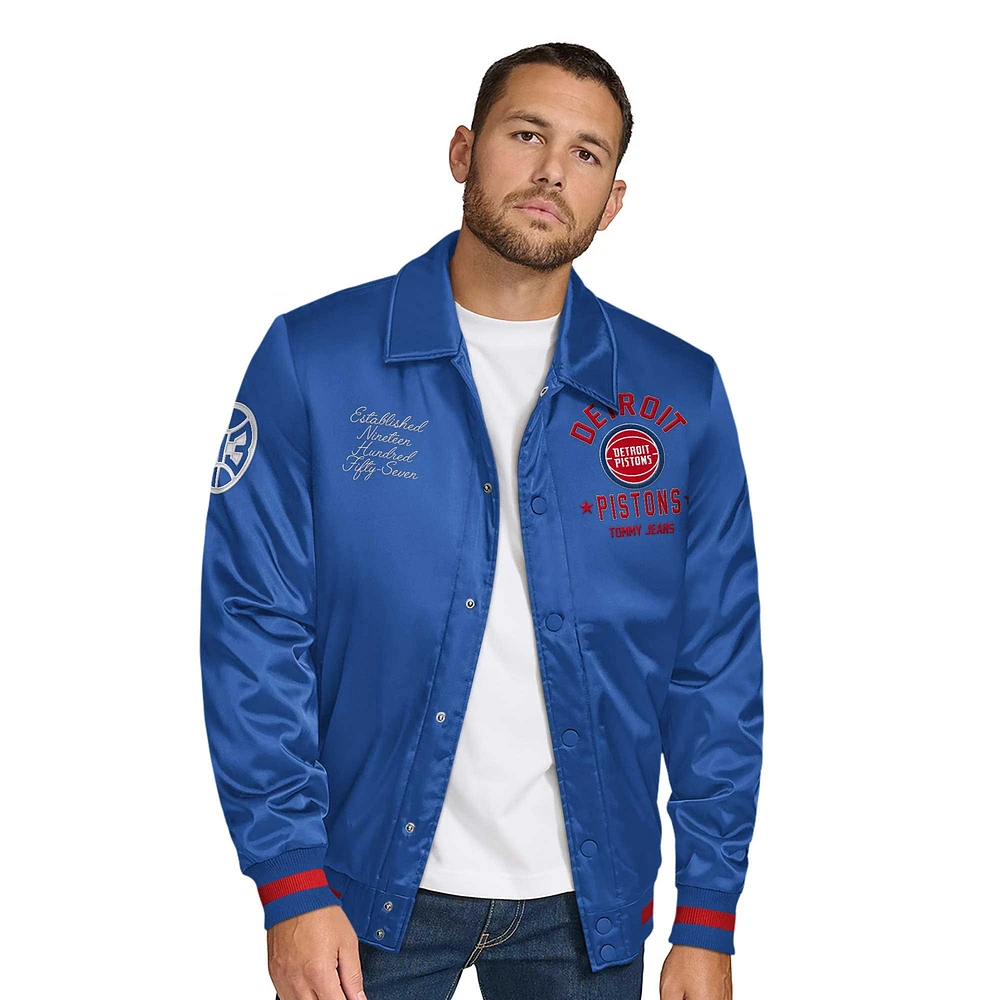 Men's Tommy Jeans Blue Detroit Pistons Jacob Chain Stitch Applique Full-Snap Varsity Jacket