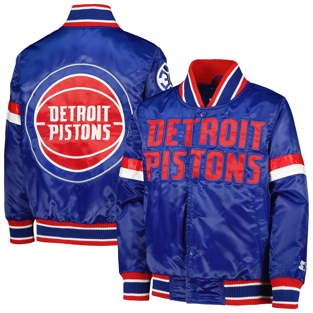 Veste universitaire à bouton-pression en satin pour jeunes Starters des Detroit Pistons, bleu/rouge