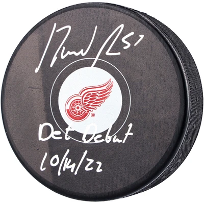 Authentique rondelle de hockey autographiée par David Perron Detroit Red Wings Fanatics avec inscription « DET Debut 10/14/22 »