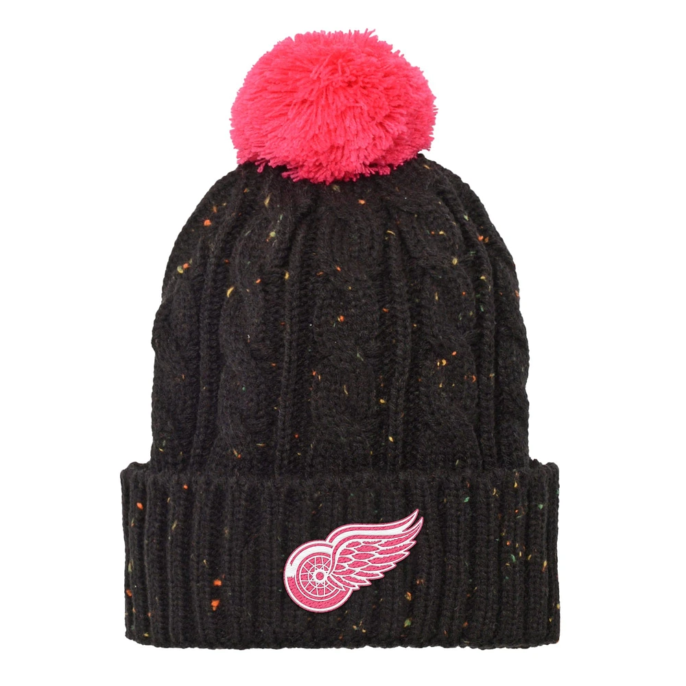 Bonnet en tricot à revers en fil Nep noir des Red Wings de Detroit pour filles avec pompon