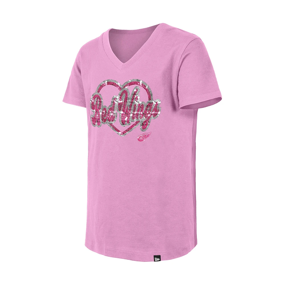 T-shirt à col en V sequins roses Detroit Red Wings de New Era pour fille
