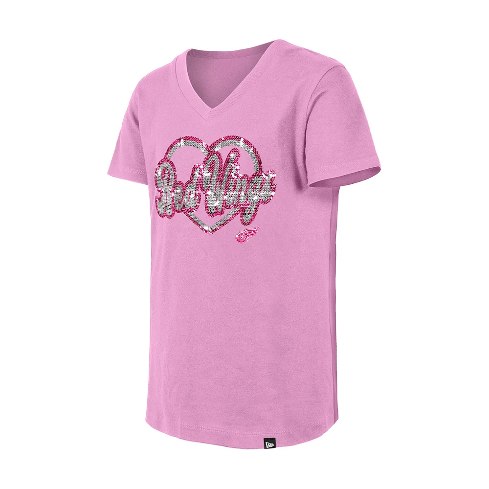 T-shirt à col en V sequins roses Detroit Red Wings de New Era pour fille