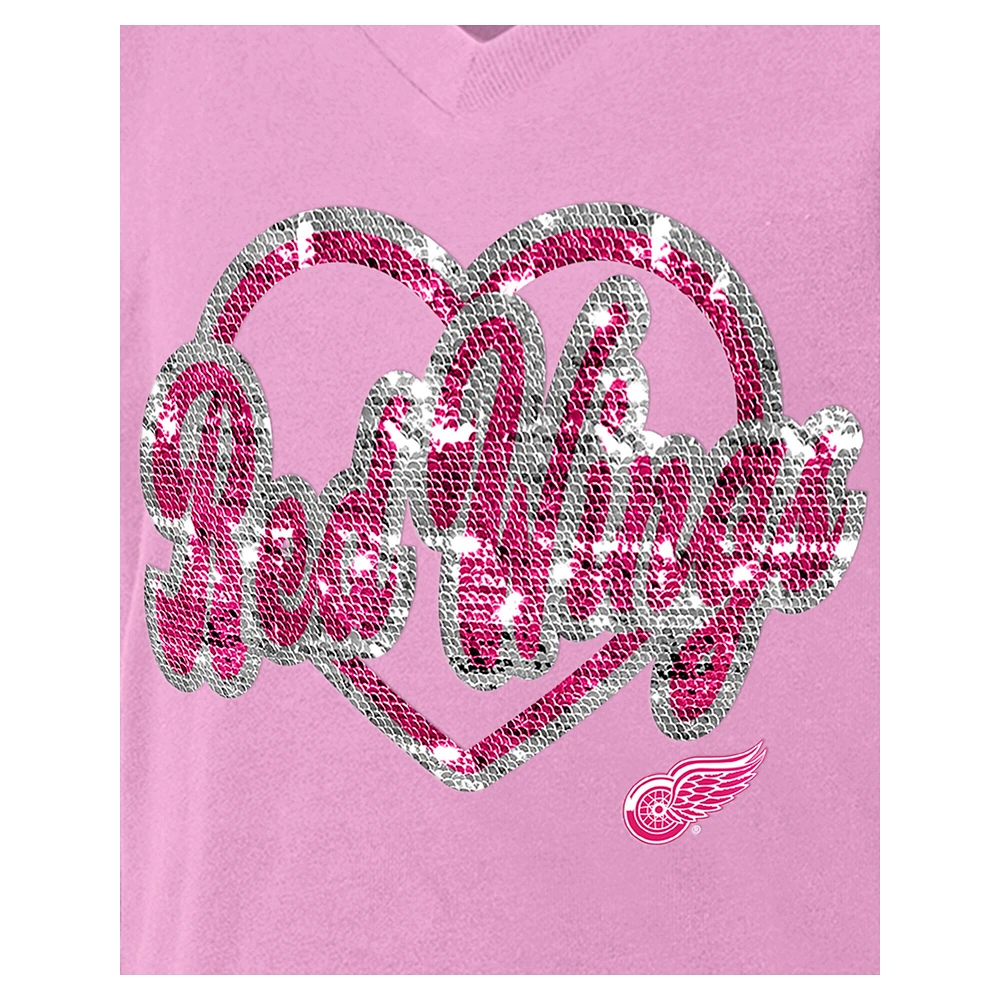 T-shirt à col en V sequins roses Detroit Red Wings de New Era pour fille
