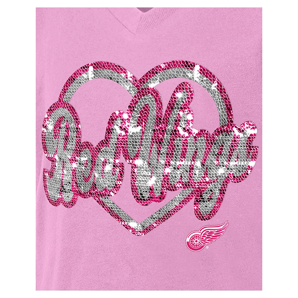 T-shirt à col en V sequins roses Detroit Red Wings de New Era pour fille