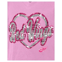T-shirt à col en V sequins roses Detroit Red Wings de New Era pour fille