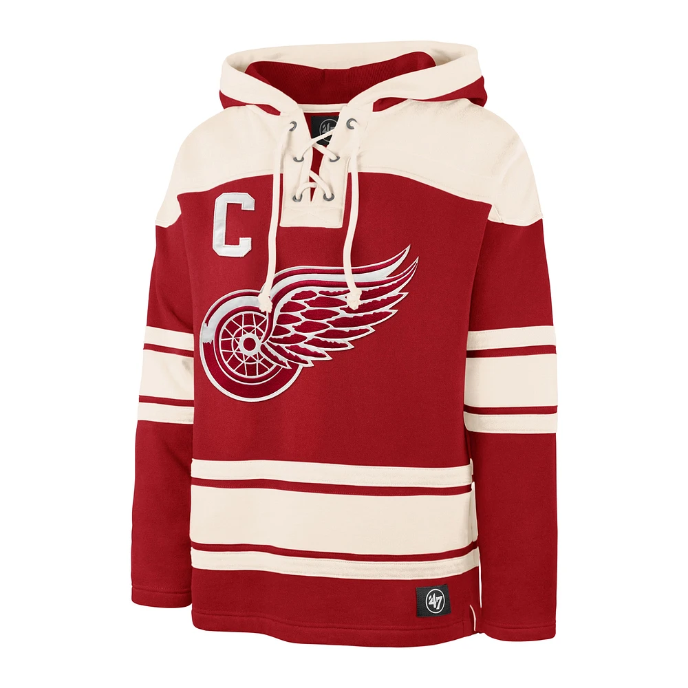 Men's '47 Dylan Larkin Red Detroit Wings Captain Patch Player Name & Number Lacer Pullover Hoodie