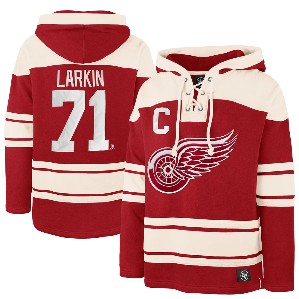 Men's '47 Dylan Larkin Red Detroit Wings Captain Patch Player Name & Number Lacer Pullover Hoodie