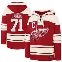 Men's '47 Dylan Larkin Red Detroit Wings Captain Patch Player Name & Number Lacer Pullover Hoodie