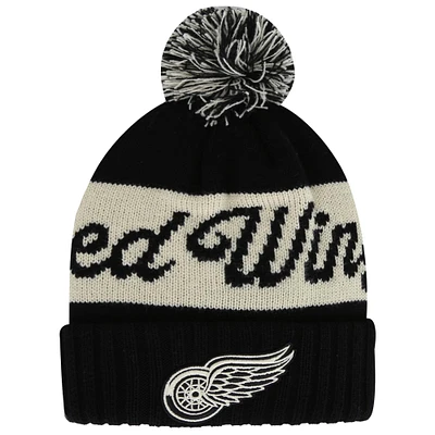 Bonnet en tricot à revers Adeline pour homme avec pompon, motif American Needle, noir/crème, Detroit Red Wings