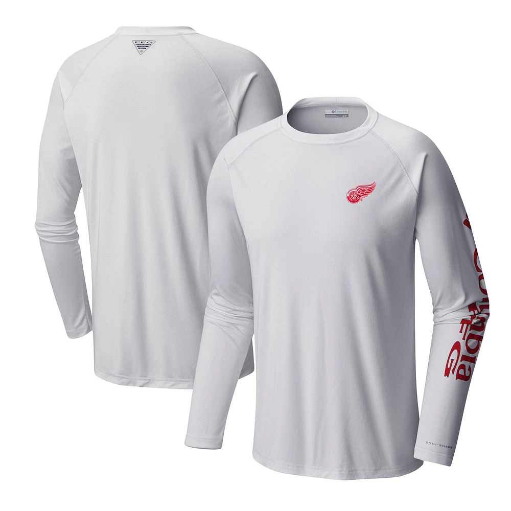 Men's  Columbia White Detroit Red Wings Terminal Tackle Omni-Shade Raglan Long Sleeve T-Shirt