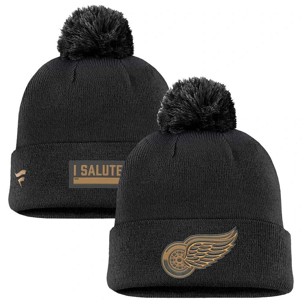 Bonnet en tricot à revers avec pompon pour homme Fanatics Black Detroit Red Wings Military Appreciation