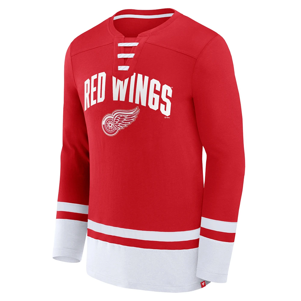 Men's Fanatics Red Detroit Wings Back Pass Lace-Up Long Sleeve T-Shirt