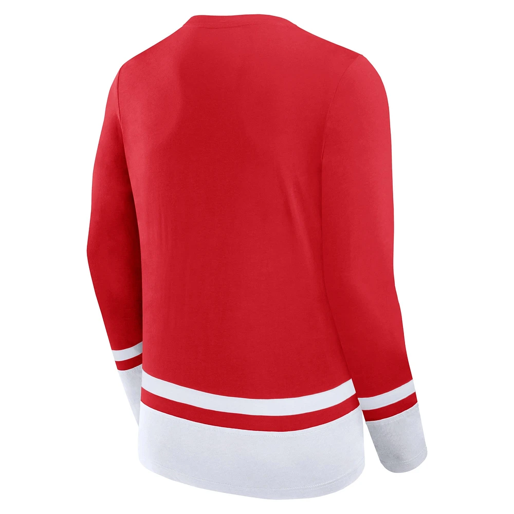 Men's Fanatics Red Detroit Wings Back Pass Lace-Up Long Sleeve T-Shirt