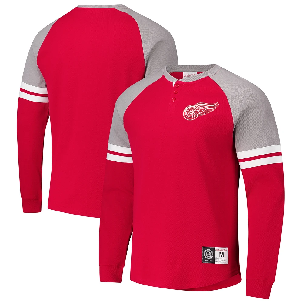 Men's Mitchell & Ness  Red Detroit Wings Thermal Henley Long Sleeve T-Shirt