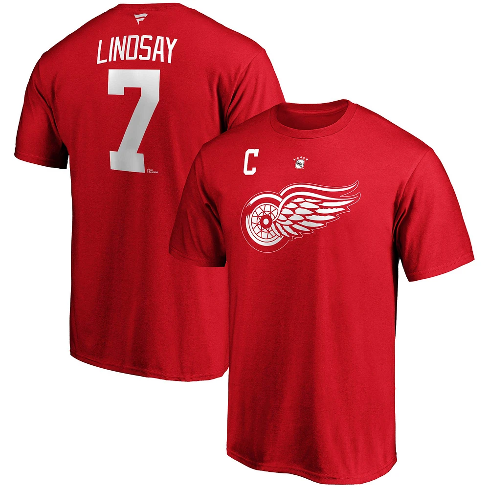 T-shirt rouge pour homme Ted Lindsay des Red Wings de Detroit authentique avec nom et numéro joueur retraité Stack