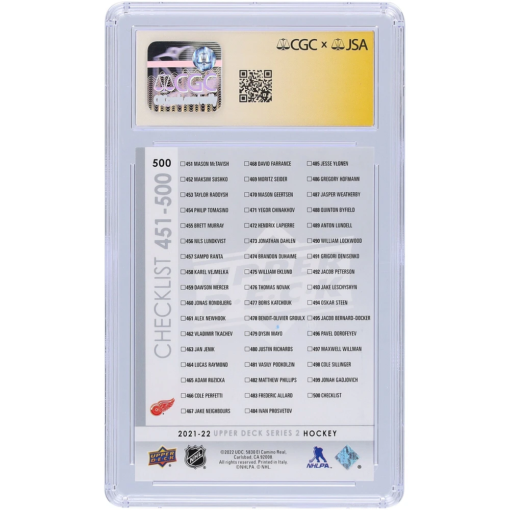 Moritz Seider et Lucas Raymond Detroit Red Wings 2021-22 Upper Deck Series 2 Young Guns Checklist #500 CGC Fanatics Witnessed Authenticated 10 Rookie Card autographiés