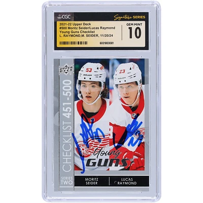 Moritz Seider et Lucas Raymond Detroit Red Wings 2021-22 Upper Deck Series 2 Young Guns Checklist #500 CGC Fanatics Witnessed Authenticated 10 Rookie Card autographiés