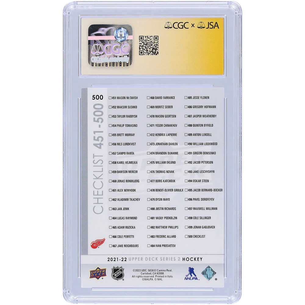 Moritz Seider & Lucas Raymond Detroit Red Wings Autographed 2021-22 Upper Deck Series 2 Young Guns Checklist #500 CGC Fanatics Witnessed Authenticated Auto 10 Rookie Card