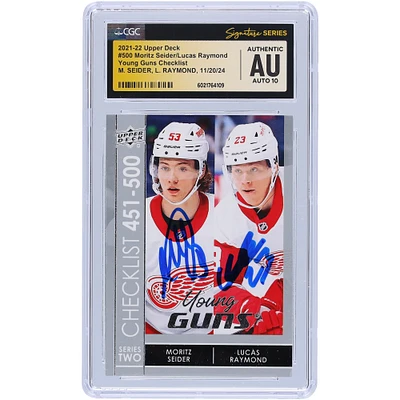 Moritz Seider & Lucas Raymond Detroit Red Wings Autographed 2021-22 Upper Deck Series 2 Young Guns Checklist #500 CGC Fanatics Witnessed Authenticated Auto 10 Rookie Card